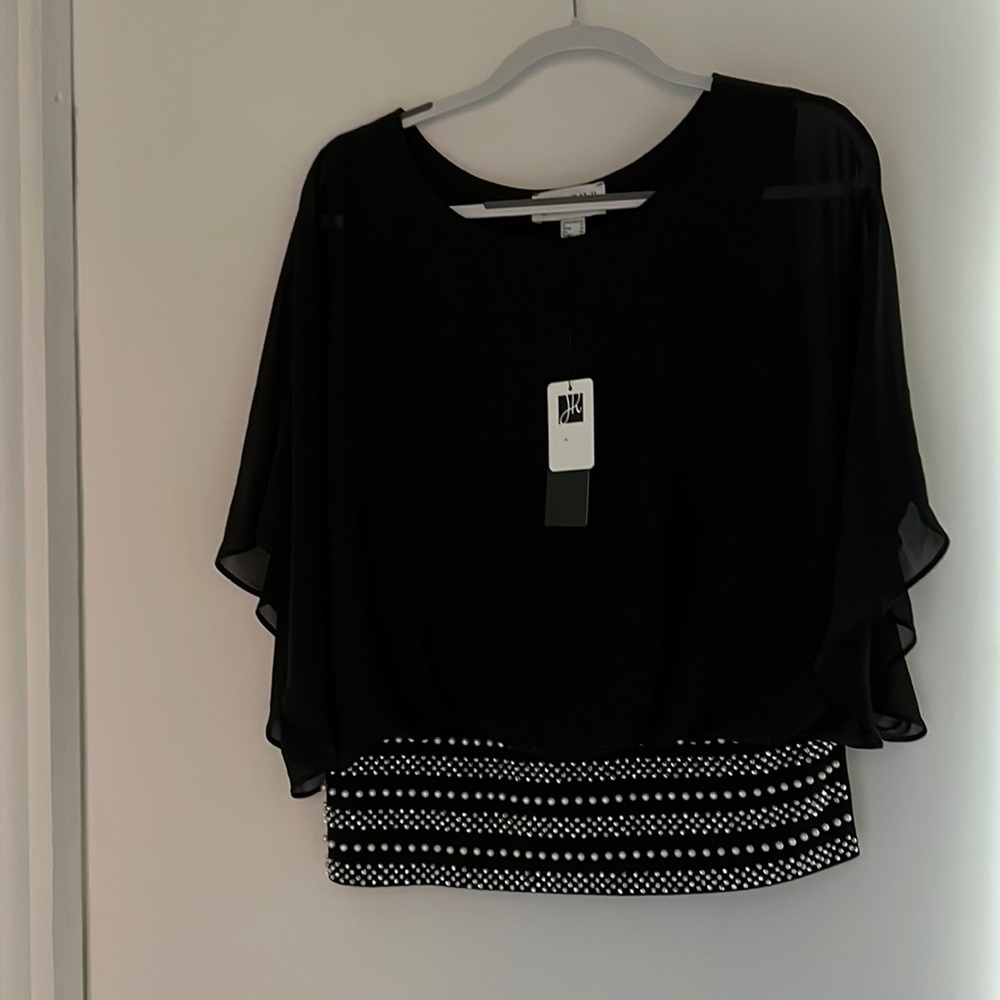 Butterfly sleeve black blouse with pearls and rhinestones in the Weisband